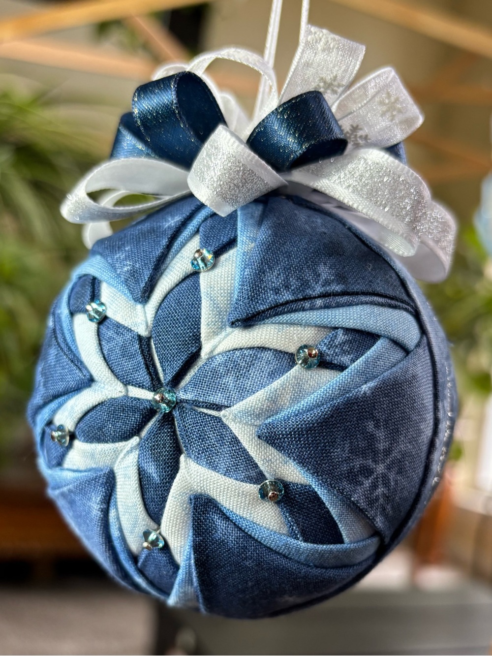 Handmade Blue Fabric Holiday Ornament with Ribbon Bow